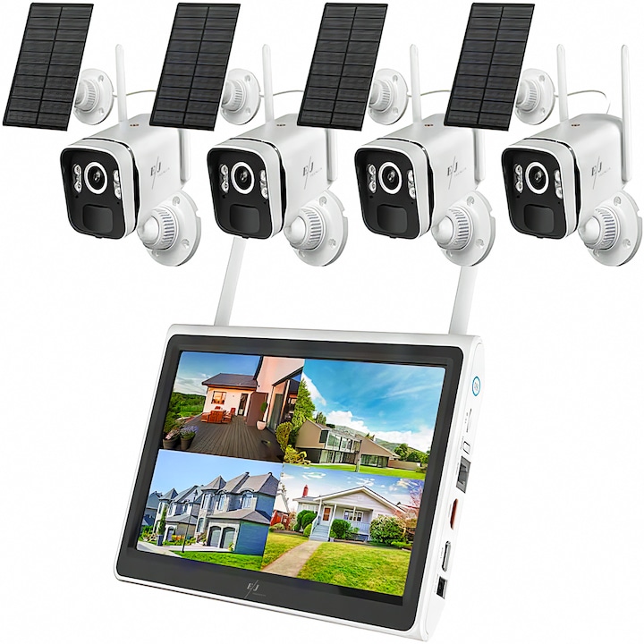 Kit complet cu 4 camere video de supraveghere, WIFI, 4MP, capacitate baterie 9000mAh, NVR 10 canale, comunicare bidirectionala, senzor miscare, viziune nocturna, proiector lumina, alb