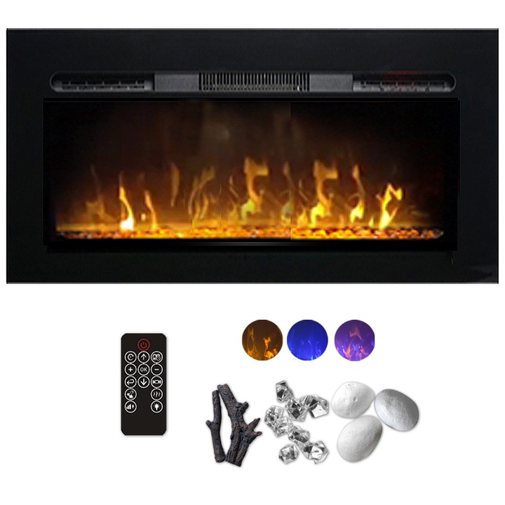 Eлектрическа камина за стена ElectricSun PAULA XS черна стъкло, на стена, cвободно стоящ или за вграждане, със звук, 10 цвята, WI-FI връзка с приложение, L102xH45x16см