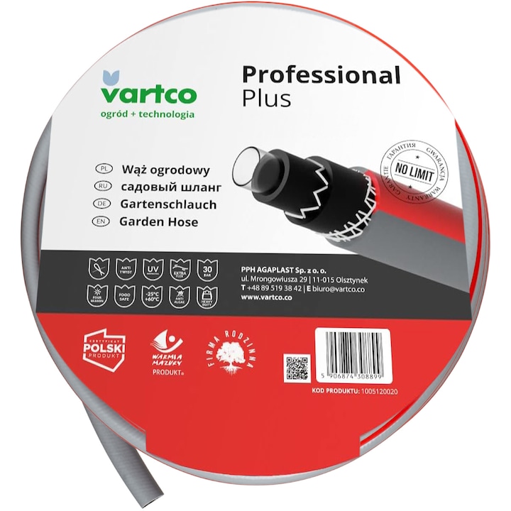 Градински маркуч Vartco Professional+ 1/2, 6 слоя, ултра здрав, 20 м, червен/сив