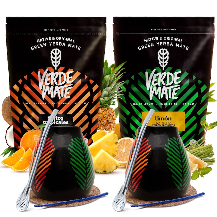 Yerba Mate Készlet, Verde Mate Frutos Tropicales Limon 2x500g Bögre Samba - 350 ml
