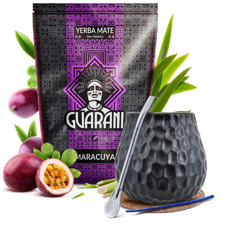 Yerba Mate Tea Készlet Guarani Maracuya 500g, Mézeskalács Bögre Sötét 400 ml