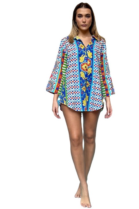 Rochie camasa cu motive positano, Antica Sartoria, Multicolor, Albastru