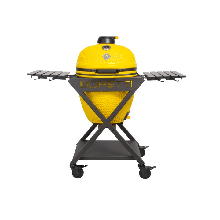Gratar cu carbuni Kamado Boretti, Ceramica Limone Large, suprafata de gatit Ø45 cm, afumare, coacere, slow cooking, termometru incorporat, 2 gratare din fonta, 2 gratare din aluminiu, galben