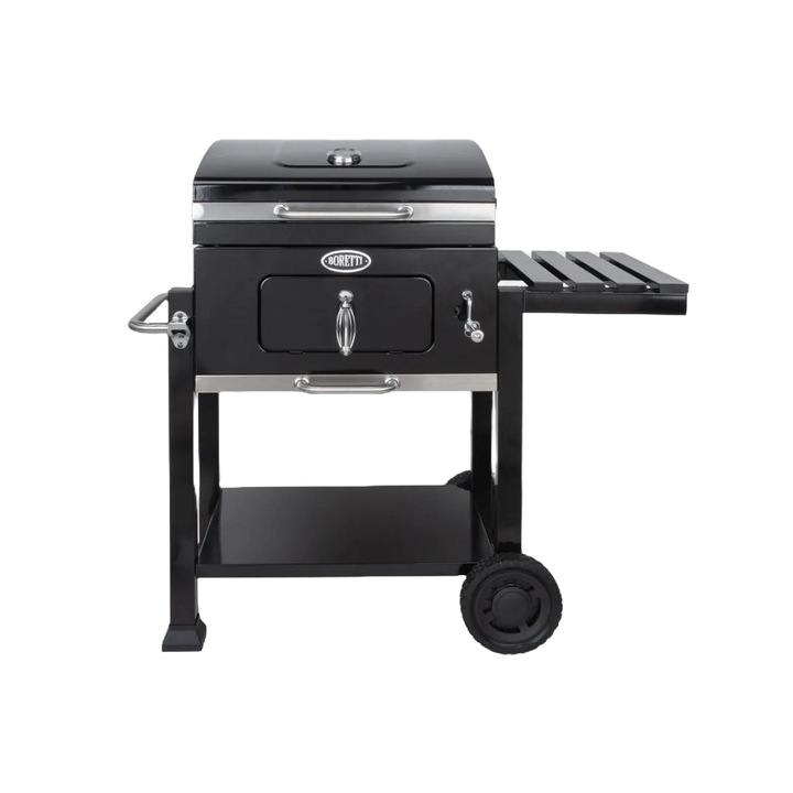 Gratar pe carbuni cu roti Boretti, CARBONE 2.0, suprafata gatire 56 x 42 cm, termometru integrat, 2 gratare din fonta, blat de lucru lateral, desfacator sticle integrat, design modern, compact, negru