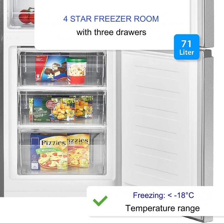 Combina frigorifica Bomann, KG184.1IX, H 180 cm, capacitate 269 l, congelator 4 stele 71 litri, consum redus, 4 rafturi sticla securizata, 4 rafturi pe usa, compartiment legume/fructe, control temperatura, iluminat interior LED, usi reversibile, inox