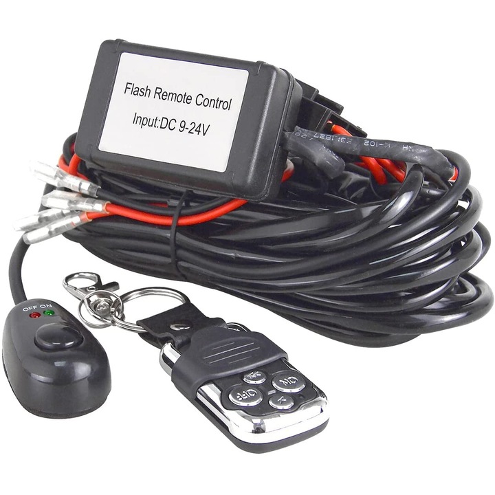 Kit cablaj cu releu, buton si telecomanda cu mod flash-uri stroboscop ARMAX pentru proiectoare led bar 9v - 24v