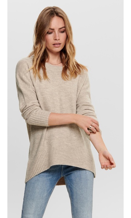 Meleg kötött pulóver, hosszú ujjú, kerek nyakú, Stretch minta ONLNANJING, Világosbarna