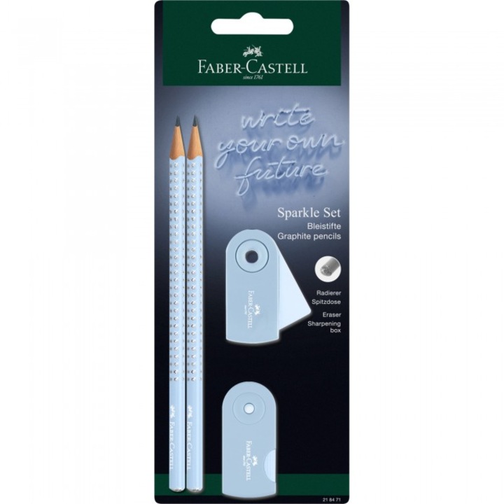 Set 2 creioane HB Sparkle, Faber-Castell, lemn, cu radiera si ascutitoare, 90 x 22 x 235 mm, albastru