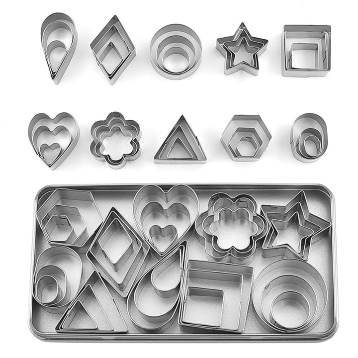 Set Forme prajituri Etnalsailbo, 30 piese, otel inoxidabil, diverse forme, in cutie metalica