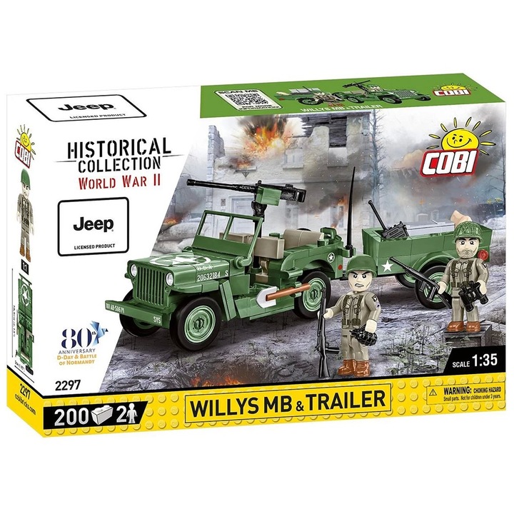 Cobi Építőkészlet, Jeep Willys MB & Trailer katonai jármű modell, 200 db, 2 figura, 1:35, 10,5 cm x 5 cm, utánfutó 7 cm, többszínű