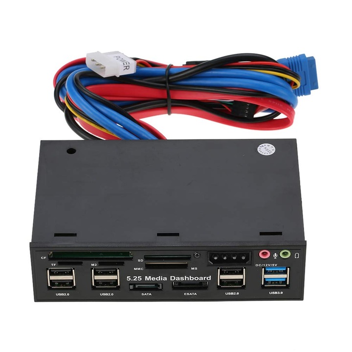 Мултифункционален преден панел JESWO PC, 5.25 инча, USB 3.0, e-SATA, четец на карти, черен