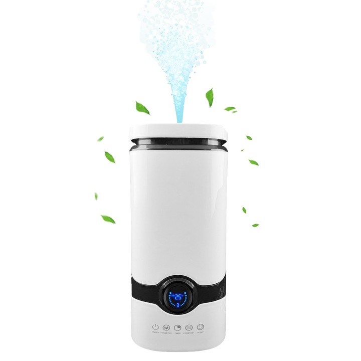 Umidificator Mini Tip Planta, 400ml, USB, Umiditate Rece, LED, Silentios, Auto Shut-off, Ideal pentru Dormitor, Birou, Masina si Calatorie, Alb