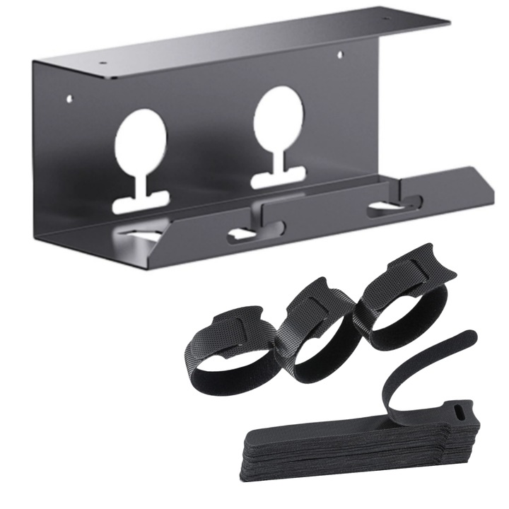 Organizator cabluri sub blat birou enkourakoko®, cu 30 legaturi cabluri, Tip tavita, Usor detasabil, Metal, 30 cm, Negru