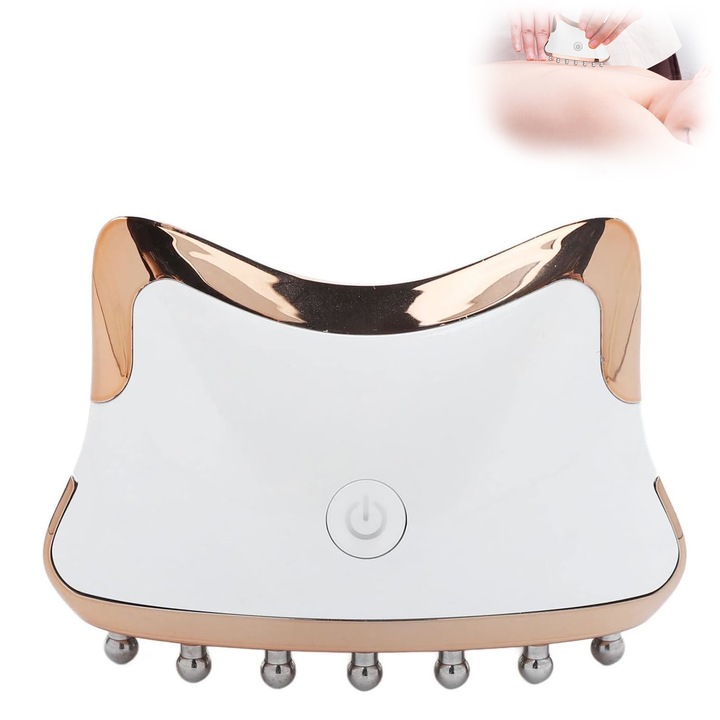 Aparat multifunctional scraping rapid si masaj limfatic corporal 2 in 1, Latauar, Inlatura oboseala si durerile, Utilizabil in orice parte a corpului, Microcurent EMS, 12 Capete metal, Temporizare automata, Incarcare USB, Portabil, Alb