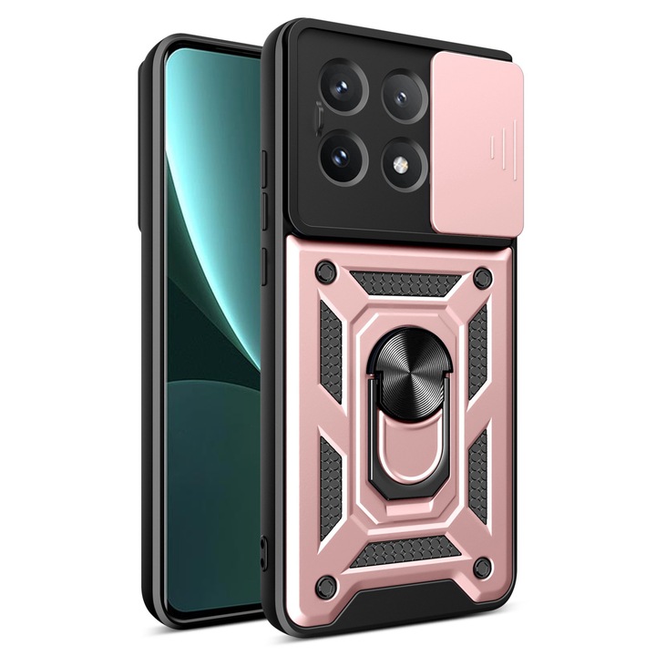 Telefontok 360°-ban forgatható támasztékkal és elcsúsztatható lencsevédővel, rózsaszín arany, Xiaomi Poco X6 5G / Redmi Note 13 Pro 5G készülékhez