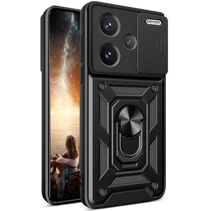 Husa telefon, pentru Xiaomi Redmi Note 13 Pro Plus 5G Capac de obiectiv al camerei glisante, inel rotativ 360°, Negru