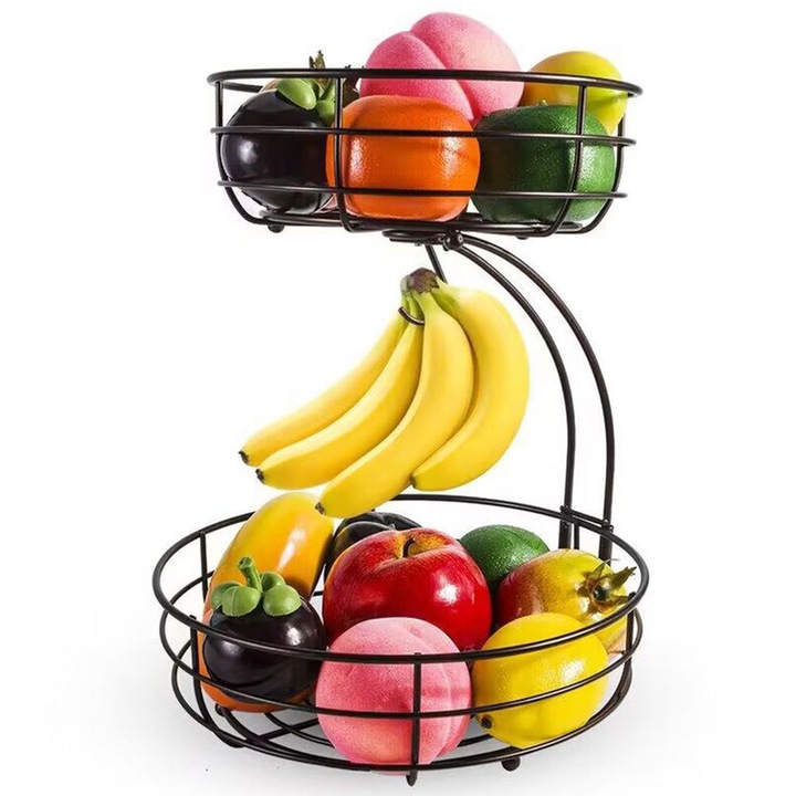 Cos metalic, detasabil, FreeBiz®, organizator fructe, legume, 2 niveluri, 28*28*38.5 CM, negru
