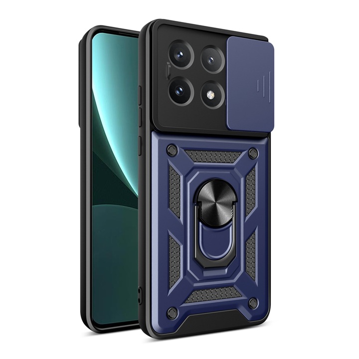 Telefontok, Xiaomi Poco X6 Pro 5G / Redmi K70E 5G-hez, forgatható támasztékkal és elcsúsztatható lencsevédővel, kék