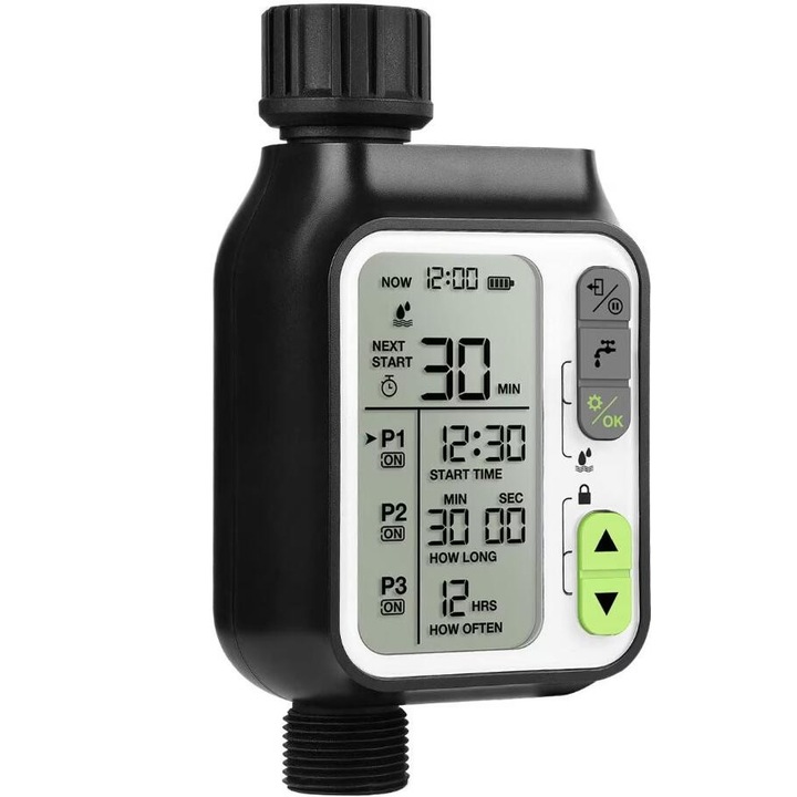 Kerti öntöző programozó, esőérzékelővel, automata öntözőberendezés, Chigoods, LCD kijelző, adapterek mellékelve, IP65, automata elektronikus időzítő pázsit öntözés, gyep, terasz, maximális öntözési idő 300 perc