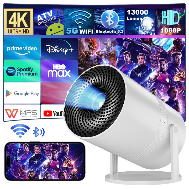Videoproiector Proiector portabil Smart TV Digisand®, 1080P, contrast 10000:1, 4k cu telecomanda, Android TV 11.0, WiFi 6, Bluetooth 5.0, functie zoom 50%, zgomot redus 25 dB