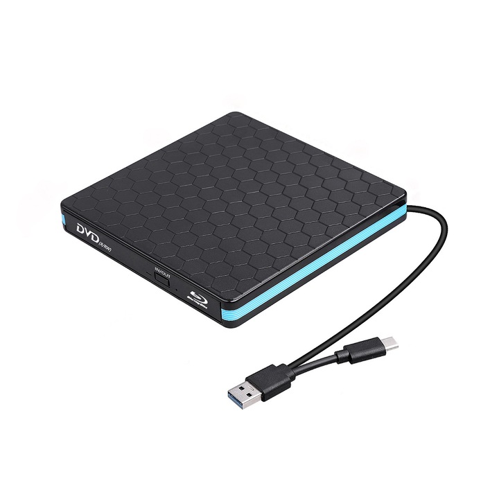Външна записвачка Blu-Ray Writer, JESWO, 3D поддръжка, BD/CD/DVD +/-, USB 3.0 и Type-C, черен