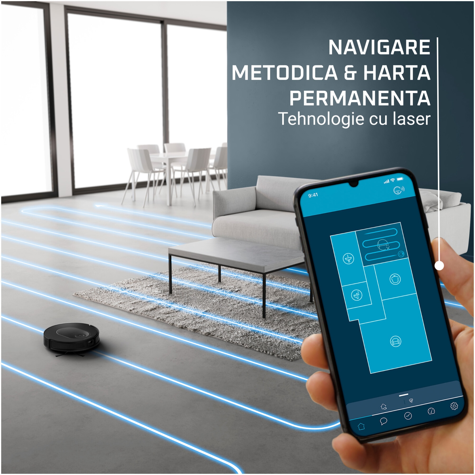 Robot de aspirare Rowenta X-Plorer Serie 65+ RR8L85WH, aspirator si mop, 168 min, 2600 mAh, recipient praf 0.4L, recipient apa 300 ml, statie de incarcare si golire praf, mop Smart Aqua Power, negru