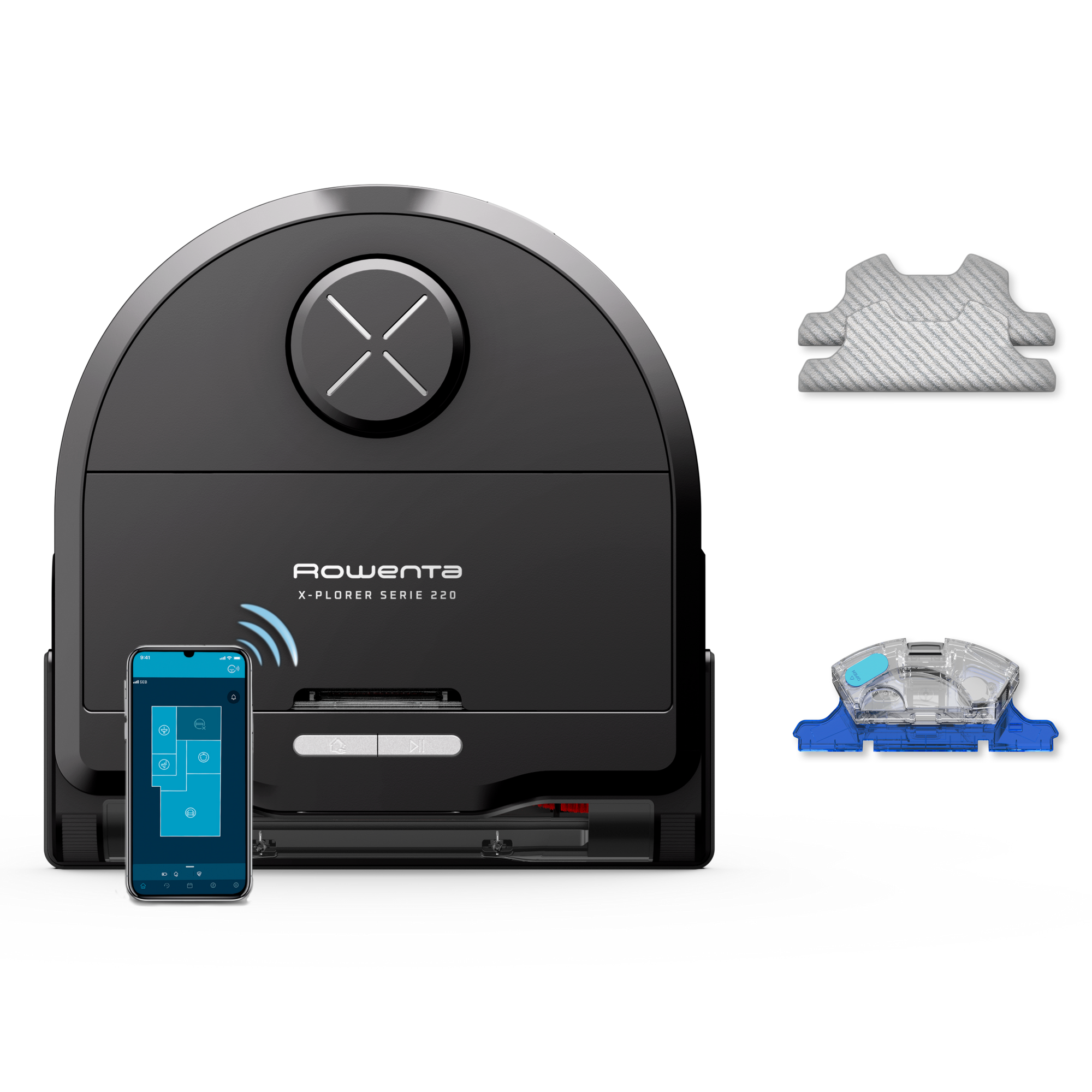 Robot de aspirare Rowenta X-Plorer Serie 220 RR9465, aspirator si mop, autonomie 120 min, recipient praf 0.35L, nivel de zgomot 70 dB(A), sistem Smart Aqua Power, negru