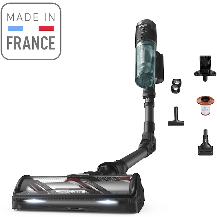 Aspirator vertical fara fir Rowenta X-Force Flex 12.60 NEO RH9L42WO, 380W, 25.9V, autonomie 60 minute, filtrare 99%, recipient praf 0.65 L, tub flexibil, perie cu LED, Control Display, statie de incarcare cu suport accesorii, verde & negru
