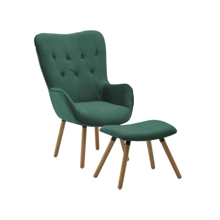 Bársony fotel lábtartóval, Inart, smaragdzöld, 68X75X105 cm