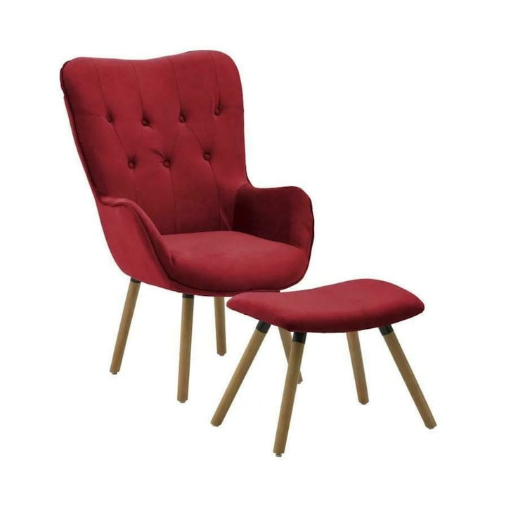 Bársony fotel lábtartóval, Inart, piros, 68X75X105 cm