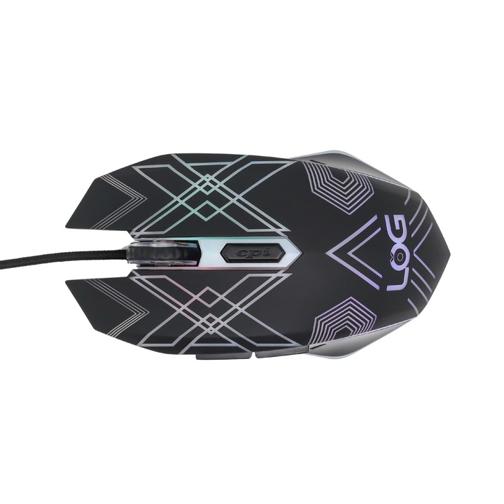 Mouse de gaming LOG cu cablu 1.5m, ergonomic, pentru jocuri, pentru computer, cu retroiluminare RGB, DPI 1200 / 1800 / 2400 / 3600, 6 butoane programabile, negru