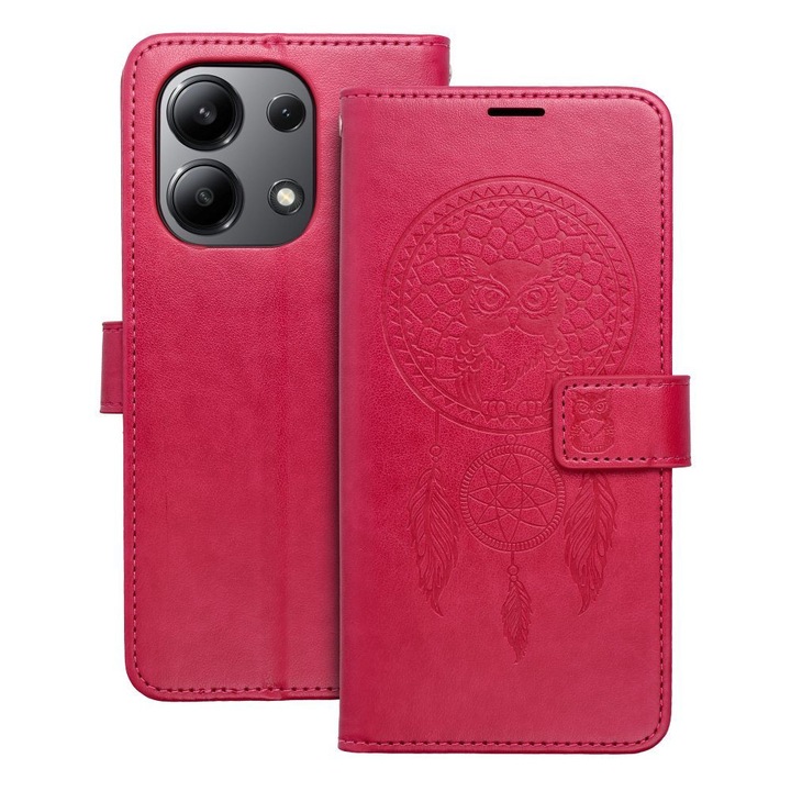 Xiaomi Redmi Note 13 4G kompatibilis könyvtok, bankkártyatartós, mágneszáras, álomfogó mintás, magenta, Forcell Mezzo