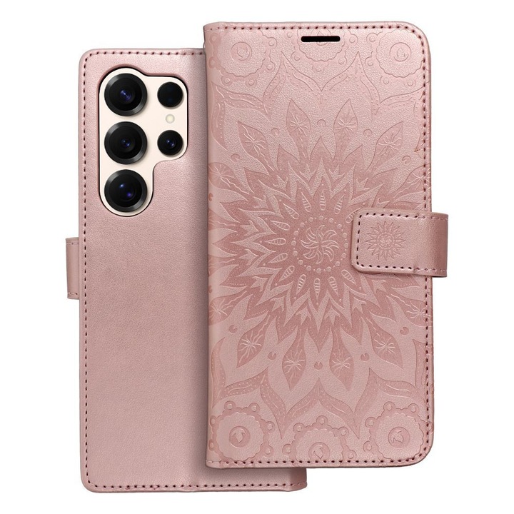 Samsung Galaxy S23 Ultra 5G könyvtok, fliptok, telefon tok, bankkártyatartós, mágneszáras, mandala mintás, rose gold, Forcell Mezzo