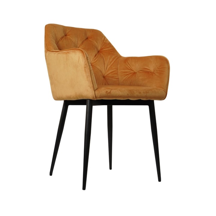 Scaun tip fotoliu, living/ dining, ocru, tapiserie catifea si cadru metalic, fix, Hectarul, 62x58x82 cm