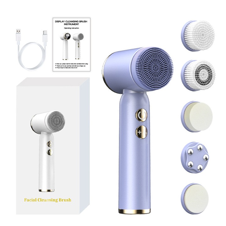 Perie de Curatare Faciala Electrica, Exfoliere, Demachiere si Masaj Sonic, 6 Capete, 3 Viteze, Rezistenta la Apa, Portabila, cu Display LED si Cablu de Incarcare Tip C, Lila