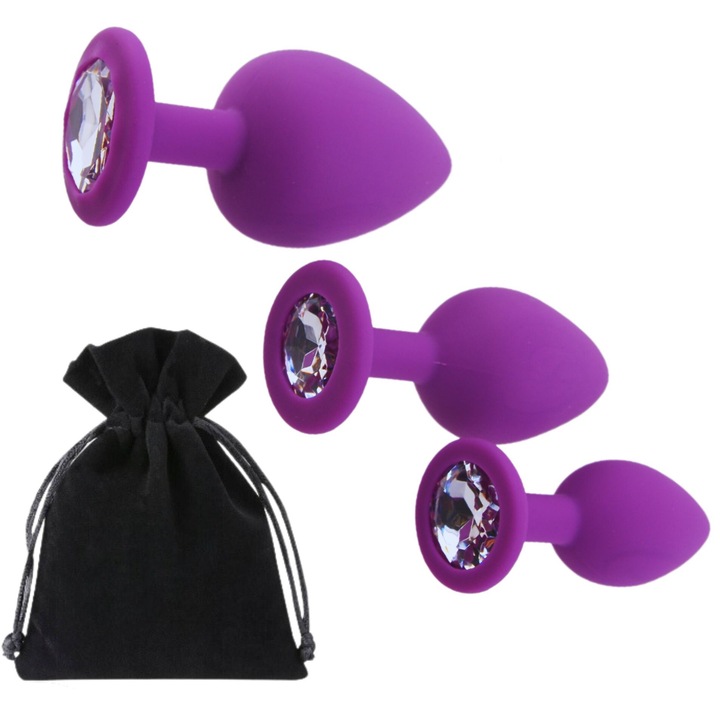 Anális dugós készlet, 3 db, S, M, L, 7x3cm, 8x3, 5cm, 9x4cm, fekete zsákban, kristály, lila