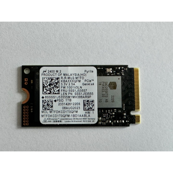 SSD Micron 2400 NVMe, 1 TB, Form Factor M.2, format 2242, Pyrite, bulk