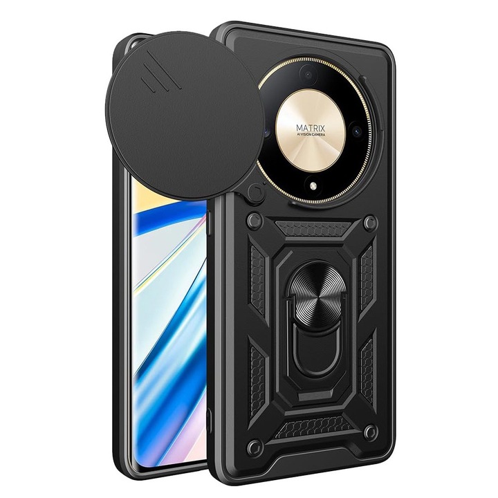 Калъф за телефон, Honor X9B 5G/Magic6 Lite 5G, въртяща се стойка, плъзгащ се капак на обектива, черен
