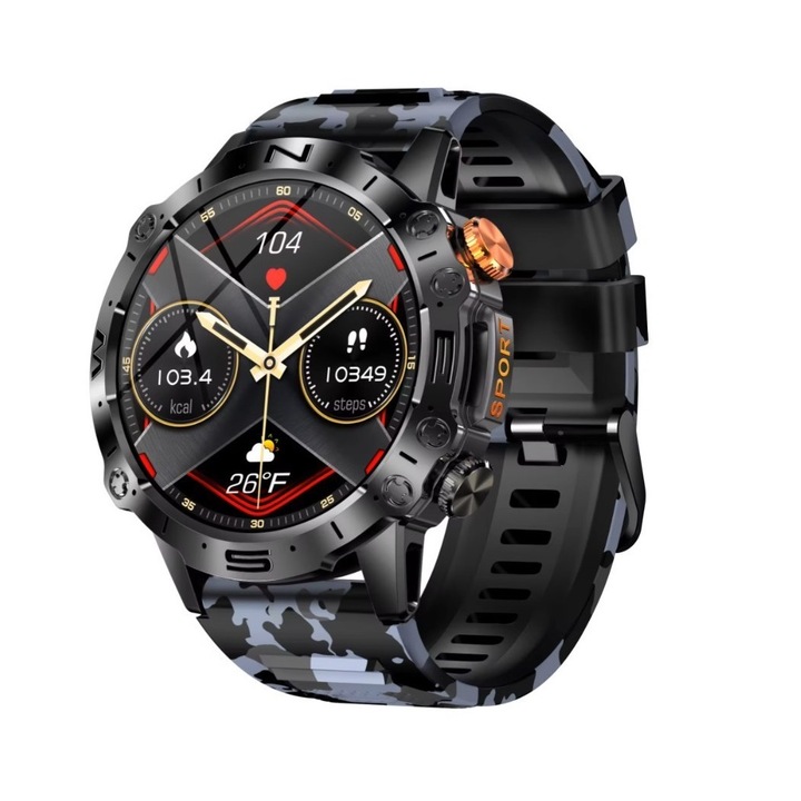 Ceas smartwatch pentru barbati, Singlait, model S59, rezistent la apa IP67, Notificari, Apeluri, Sms, Social Media, monitorizare activitati fizice, calitate somn, ritm cardiac, pedometru, rezistent la apa, albastru-negru