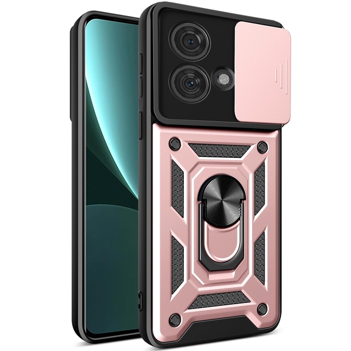 Калъф за телефон, Motorola Edge 40 Neo 5G, въртяща се стойка, капак на обектива, розово злато