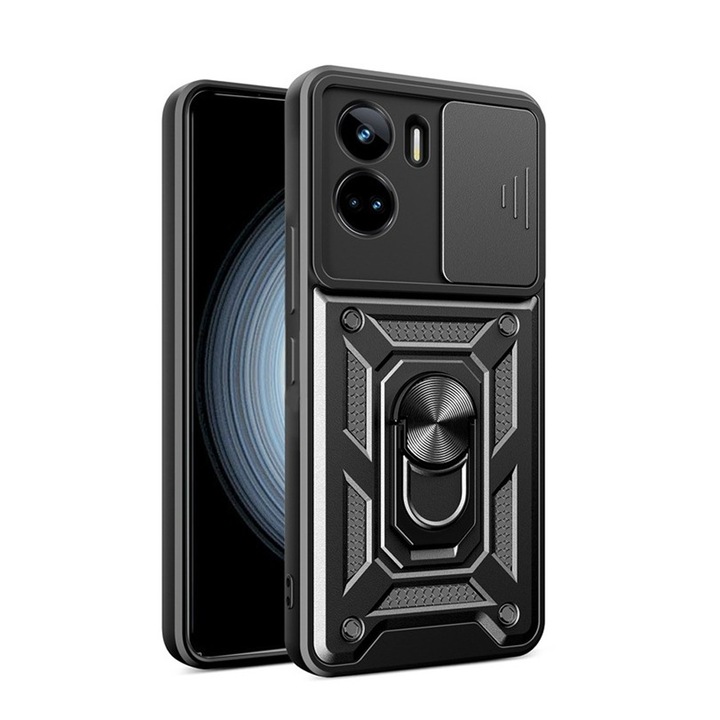 Калъф за телефон, Honor 90 Lite 5G, въртяща се стойка, капак за обектива на камерата, черен