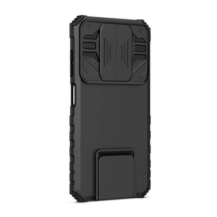 Кейс за телефон с телескопична опора и плъзгащ се прозорец, черен, за Xiaomi Redmi A3 4G