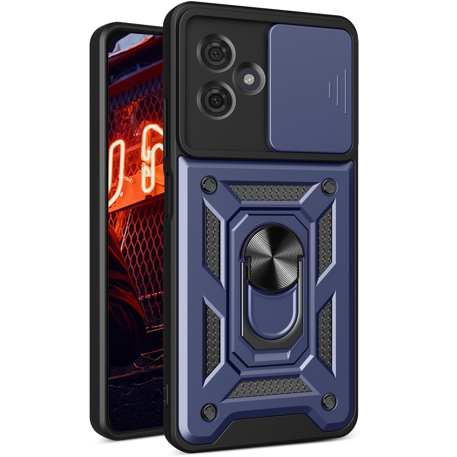 Husa telefon, pentru Motorola Moto G54 5G Capac de obiectiv al camerei glisante, inel rotativ 360°, Albastru