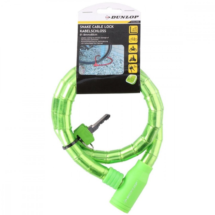 Dunlop Spirál kerékpárzár 18mmx80cm kulccsal zöld