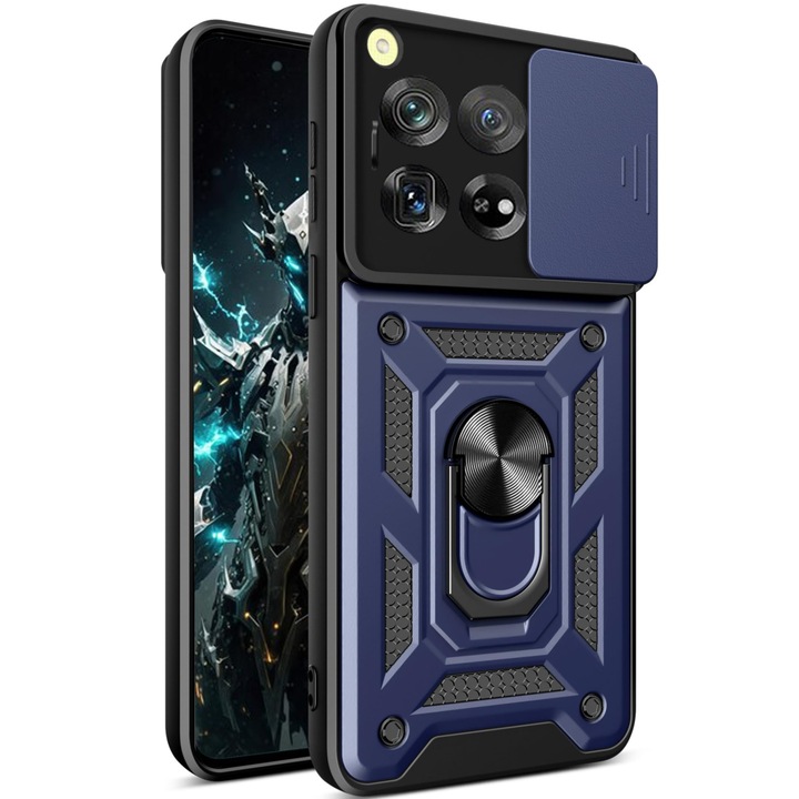 Husa telefon, pentru OnePlus 12R 5G Capac de obiectiv al camerei glisante, inel rotativ 360°, Albastru