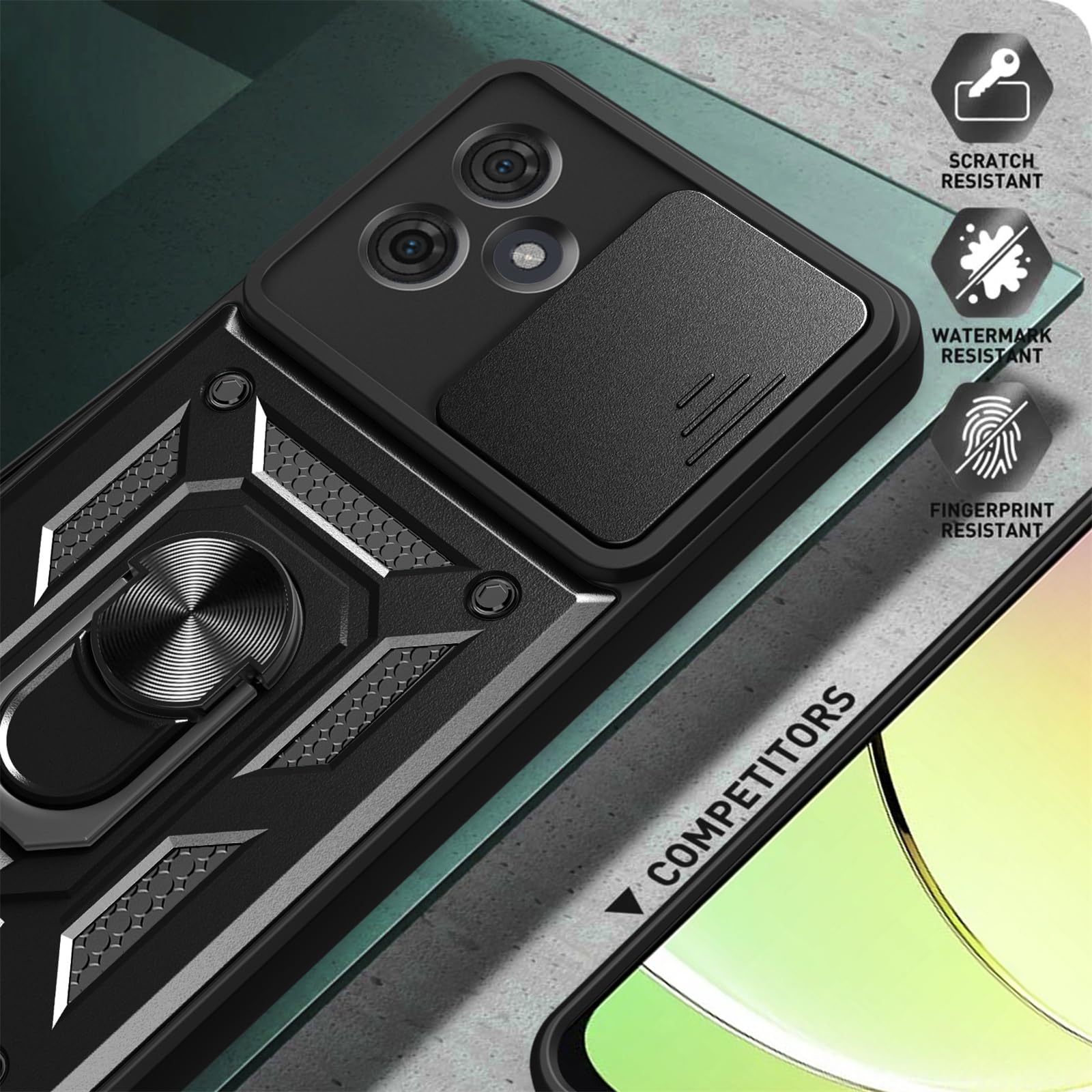 Husa telefon, pentru Motorola Moto G54 5G Capac de obiectiv al camerei glisante, inel rotativ 360°, Negru