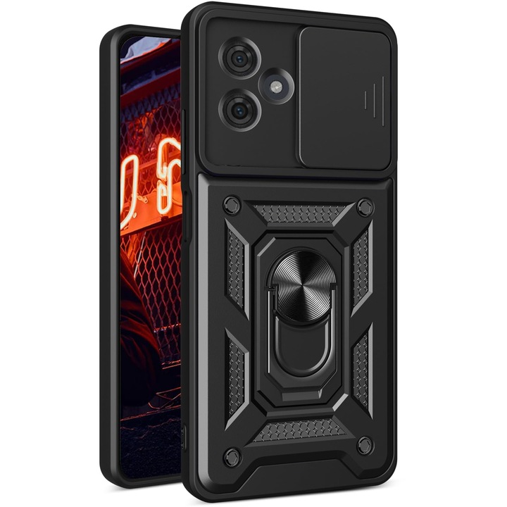 Калъф за телефон, Motorola Moto G54 5G, с въртяща се опора и плъзгащ се капак на обектива, черен