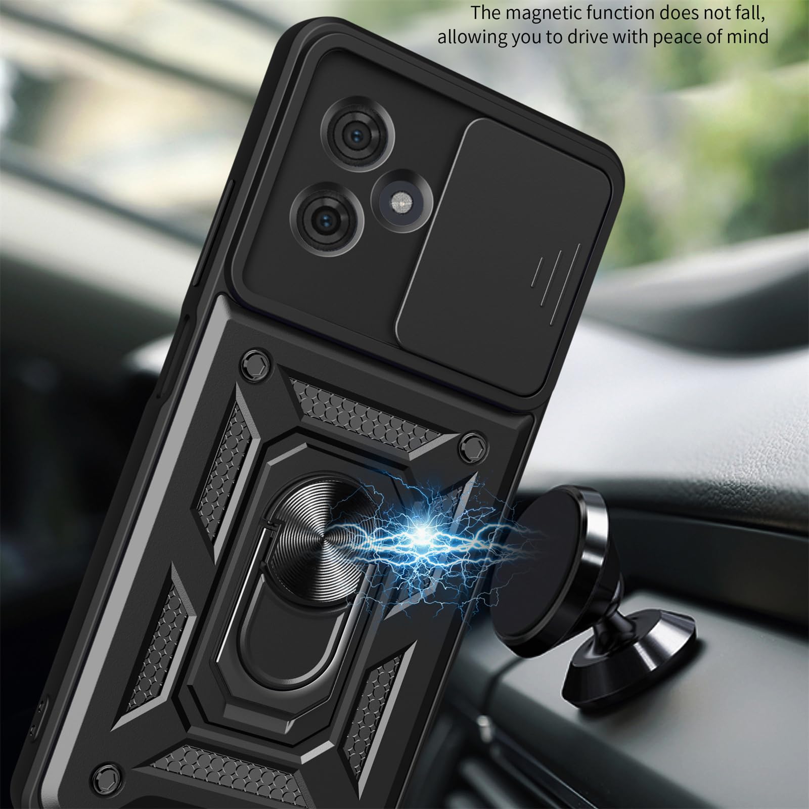 Husa telefon, pentru Motorola Moto G54 5G Capac de obiectiv al camerei glisante, inel rotativ 360°, Negru