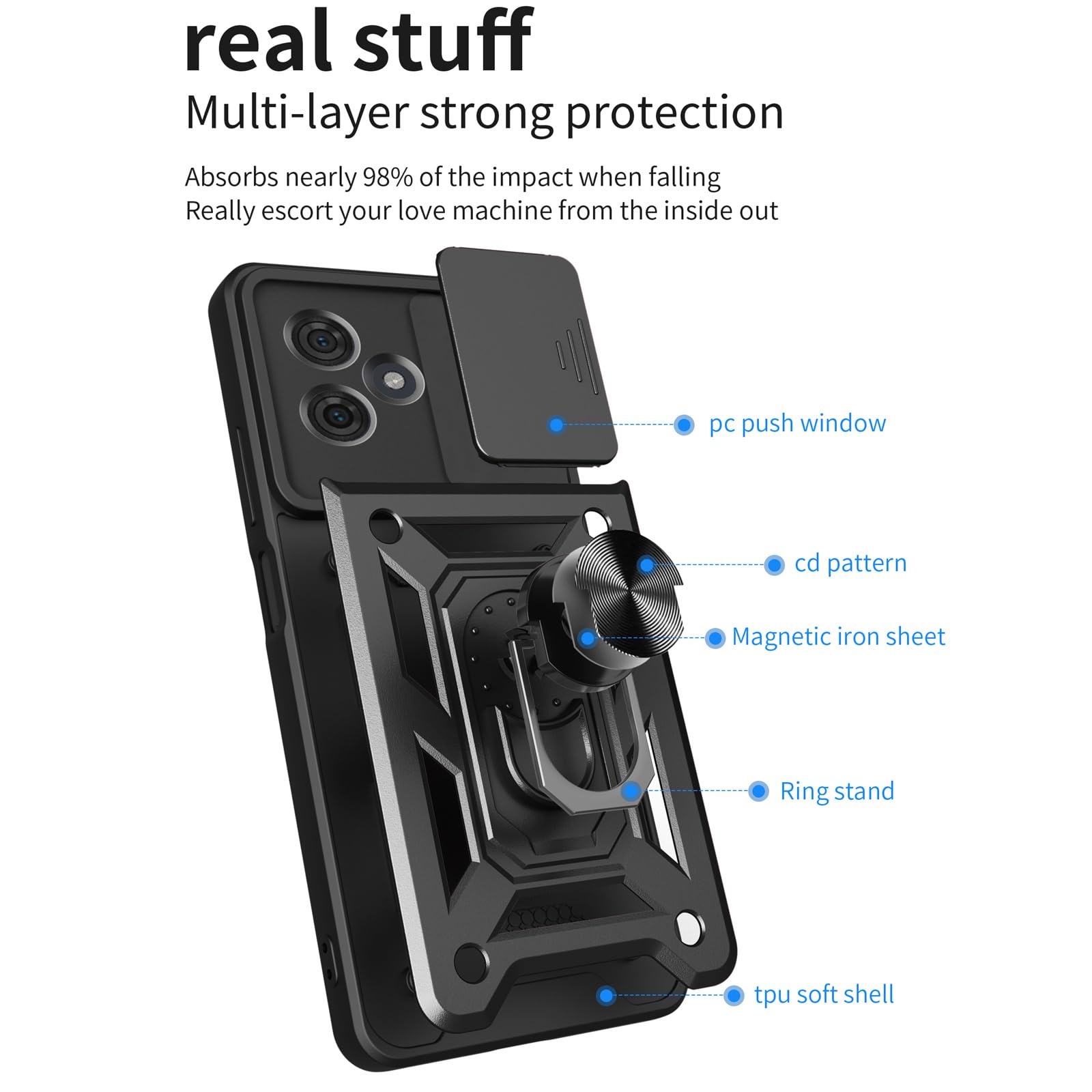 Husa telefon, pentru Motorola Moto G54 5G Capac de obiectiv al camerei glisante, inel rotativ 360°, Negru