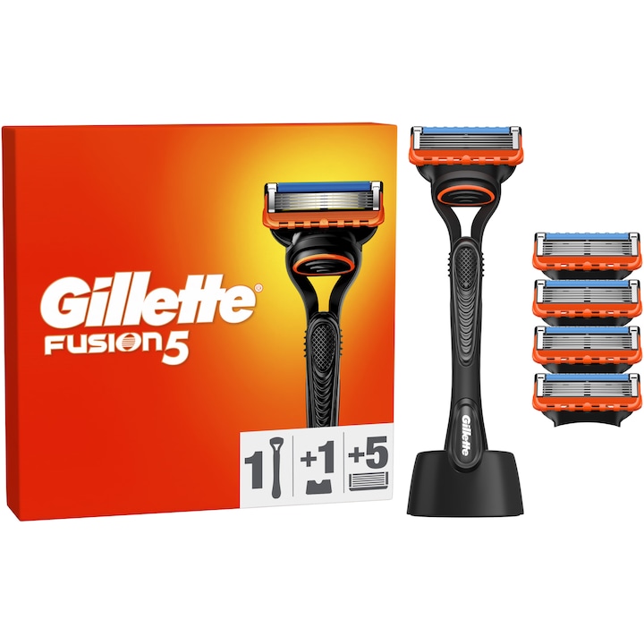 Самобръсначка Gillette Fusion5, С поставка за самобръсначката, Дръжка + 4 пълнителя